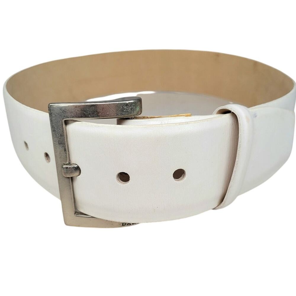 Vintage DKNY 80s White Opalescent Leather Wide Belt Silver Buckle Glam Fashion‎